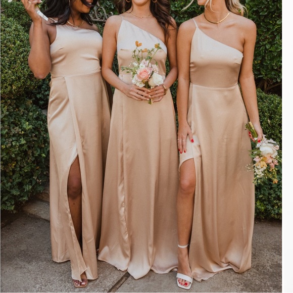 Unhemmed Show Me Your Mumu Shannon dress, champagne luxe satin, size large - Picture 2 of 5